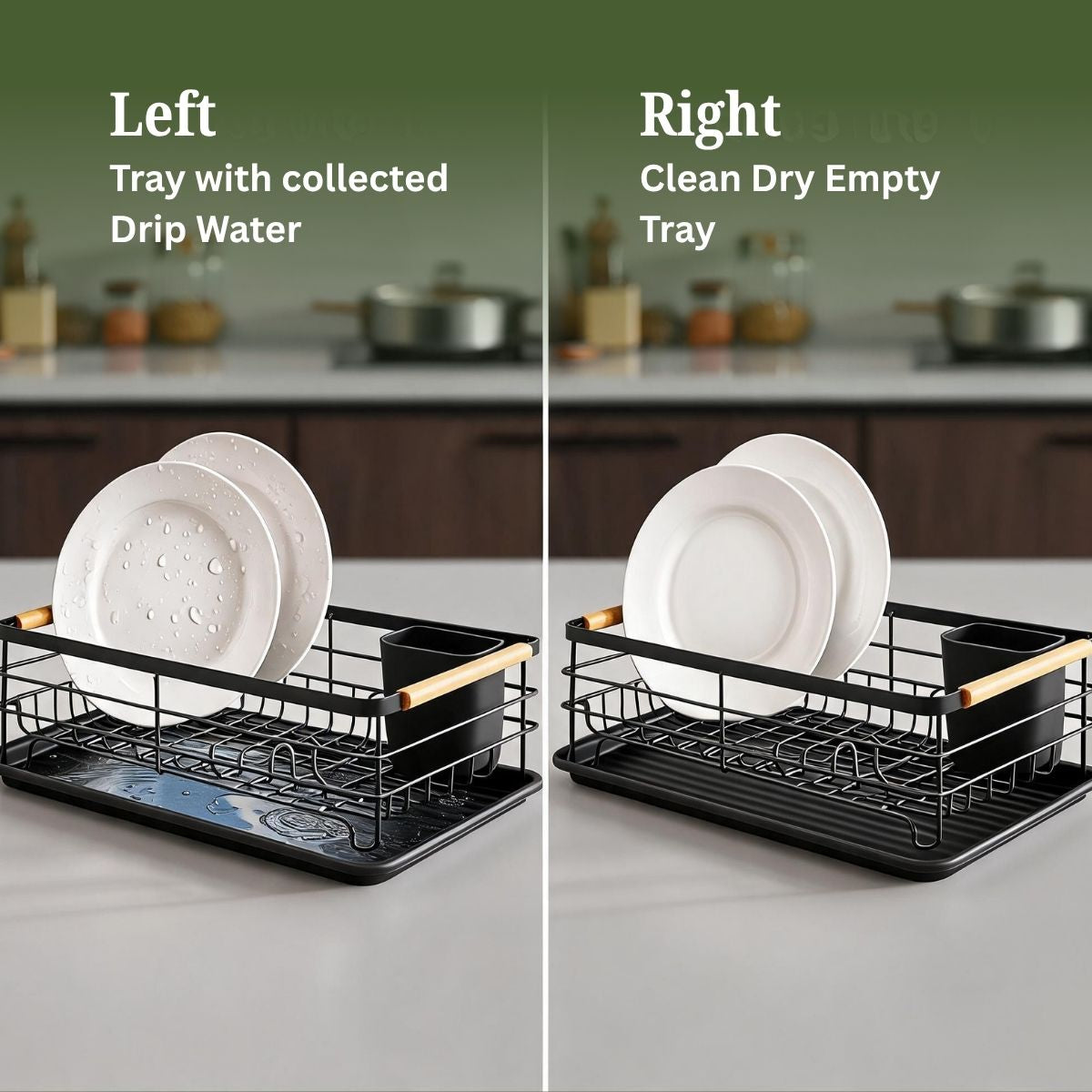Black Steel Dish Drying Rack with Bamboo Handle