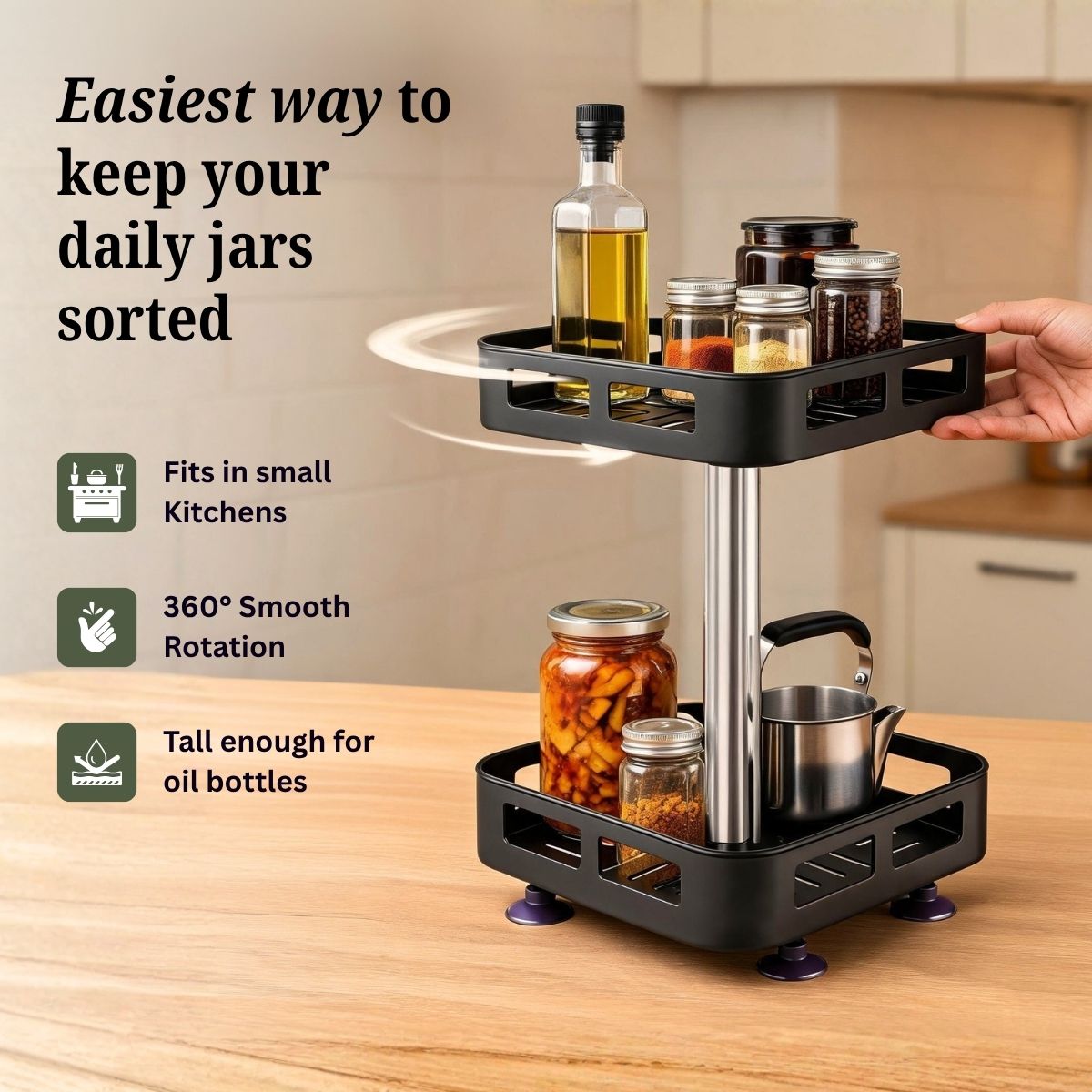 2-Tier Rectangular 360° Rotating Kitchen Rack | Stainless Steel | Spices, Jars & Masala Organizer