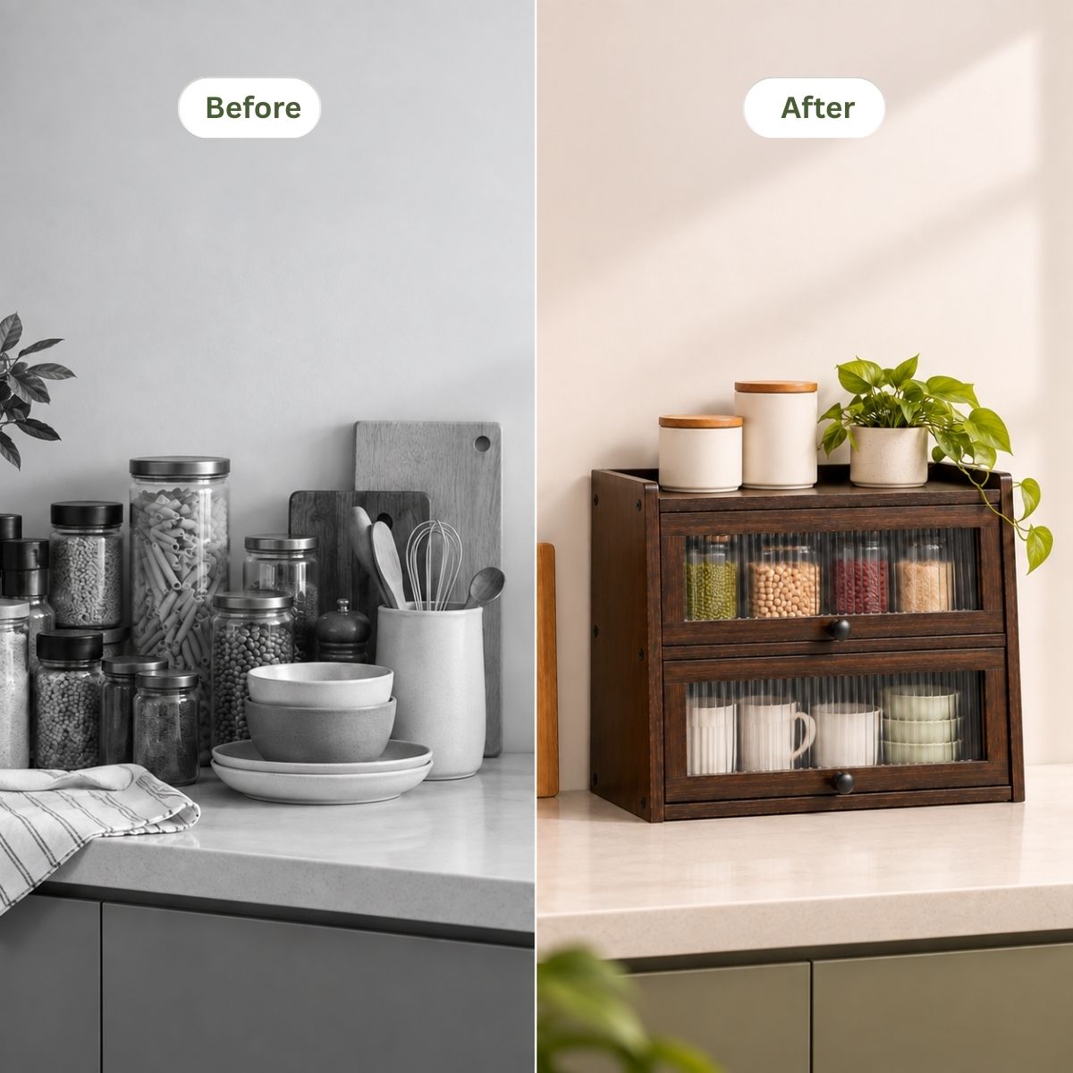 Bamboo Cabinet with Fluted Doors | Fits Under Wall Units | Spice & Cutlery Storage
