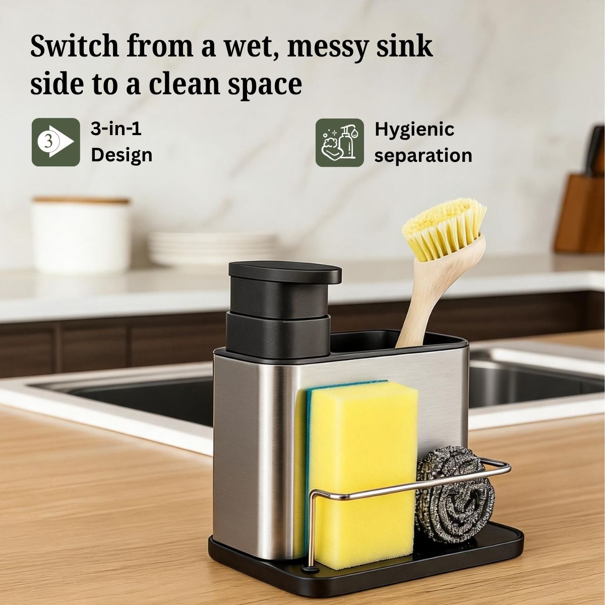 Dish Soap Dispenser with Sponge Holder & Tray