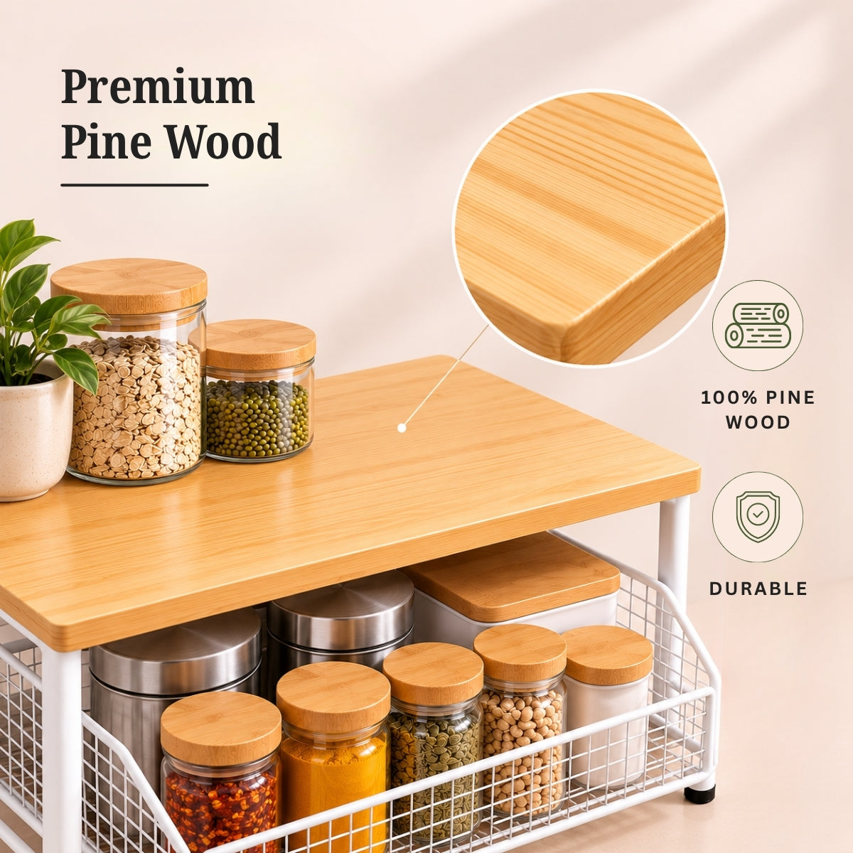 Premium Pine Wood Countertop Storage Organizer with Sliding Basket