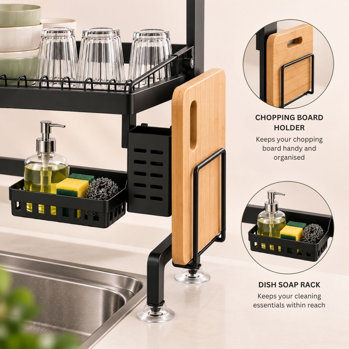 Stainless Steel Over-the-Sink Dish Rack & Bartan Stand | 65cm & 85cm | Multi-Compartment