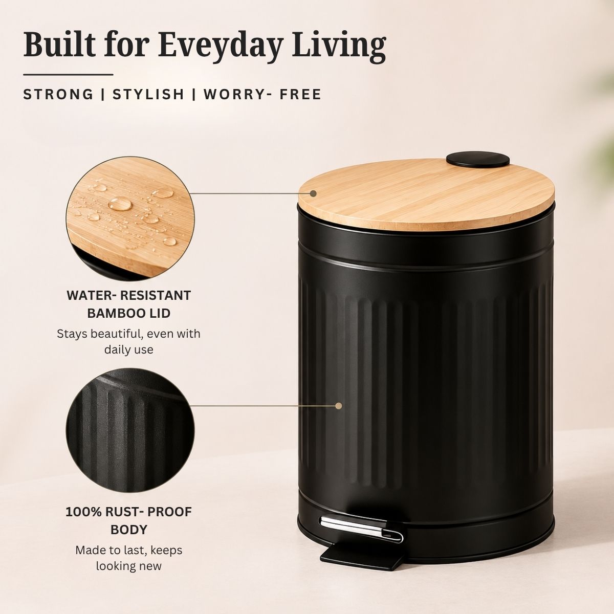 Metal Dustbin with Foot Pedal & Removable Bucket | Rust-Free Steel & Bamboo | 5L