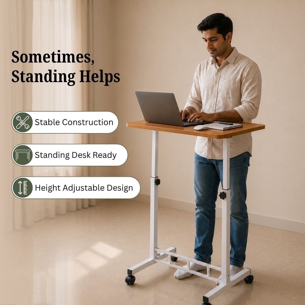 Adjustable Height Laptop Table & Standing Desk | 60–90cm | Wood + Iron