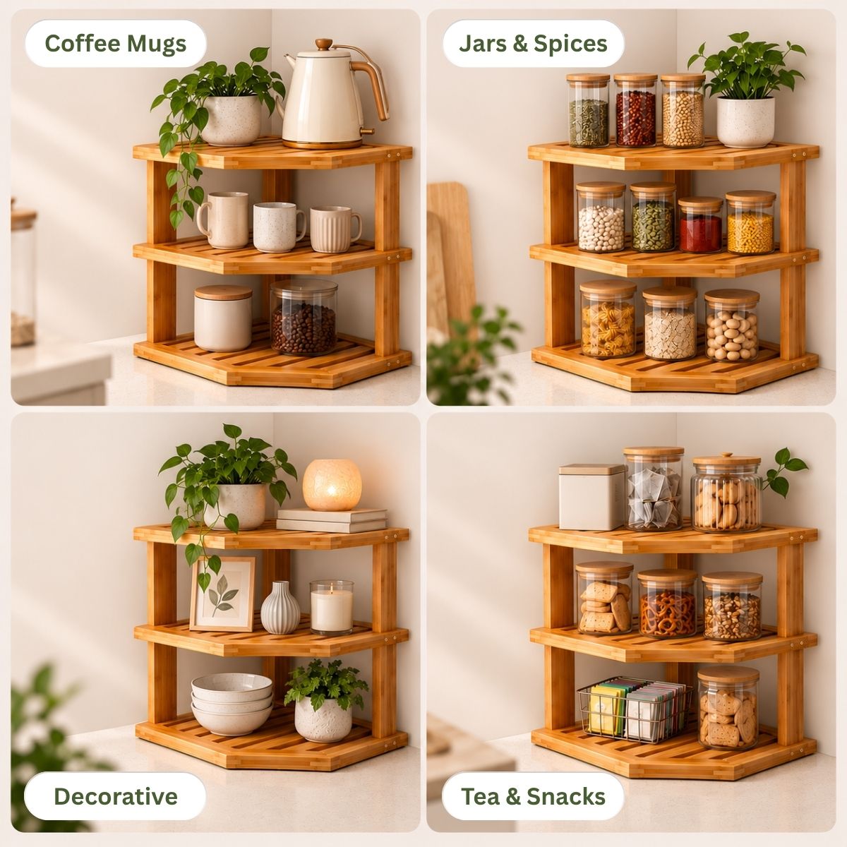 Bamboo 3-Tier Corner Rack (L-Shape) | Countertop Spice & Masala Dabba Organizer