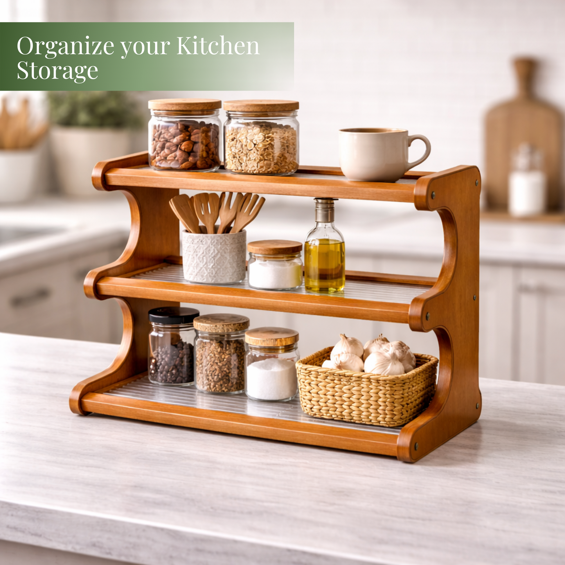 Bamboo Kitchen Spice Rack Organiser with Jars – 3-Tier Countertop Shelf SimplifiNest India