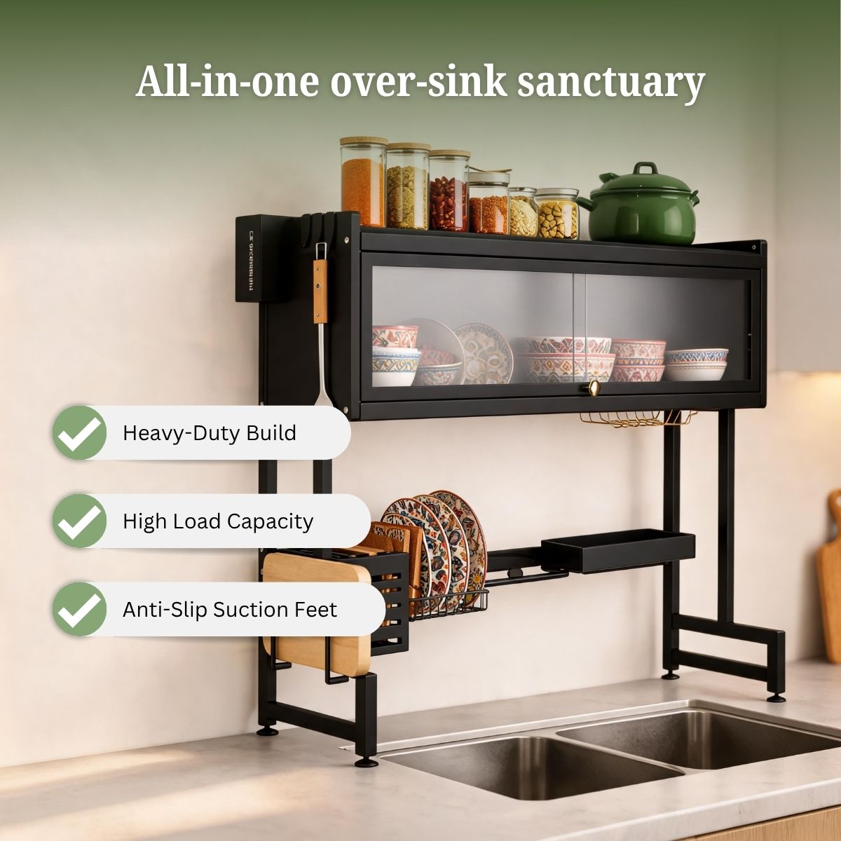 Over-Sink Dish Drying & Storage Rack with Frosted Cabinet Door | Fits Indian Sinks
