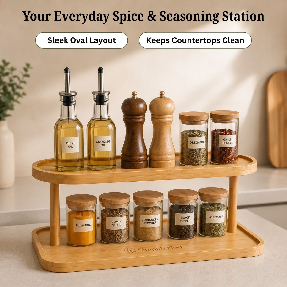 Bamboo Oval 2-Tier Kitchen Counter Organizer Rack