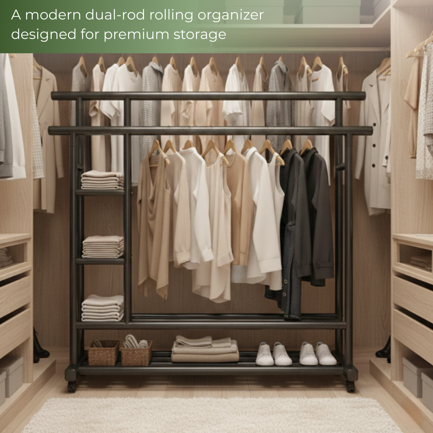 Premium Heavy Duty Double Clothing Rack with Storage Sections
