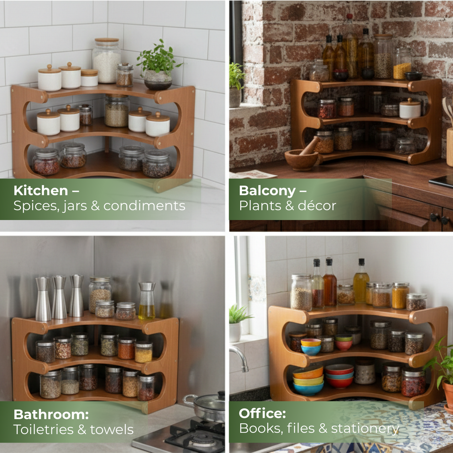 Bamboo Corner Rack Organised with different scenarios – SimplifiNest