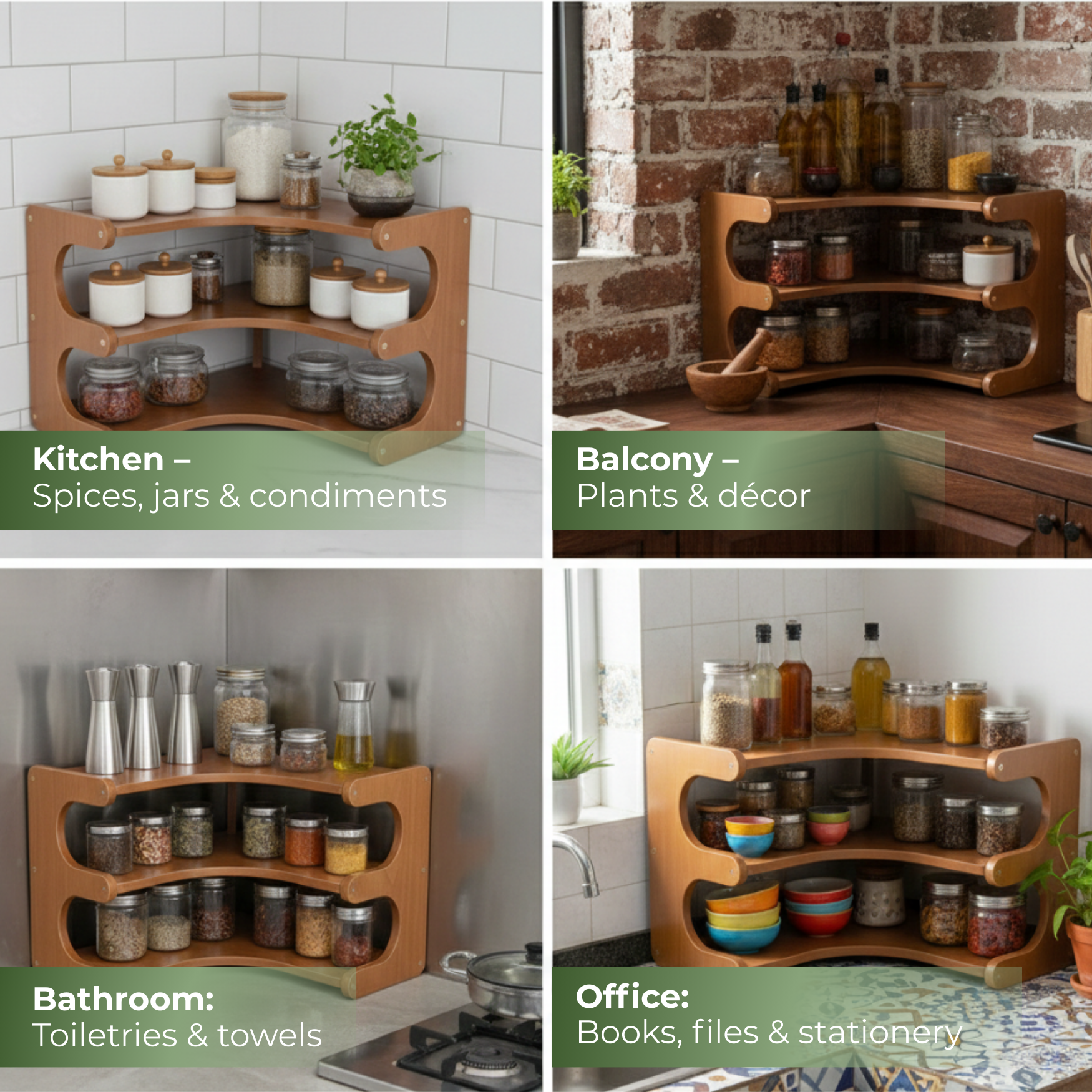 Bamboo Corner Rack Organised with different scenarios – SimplifiNest