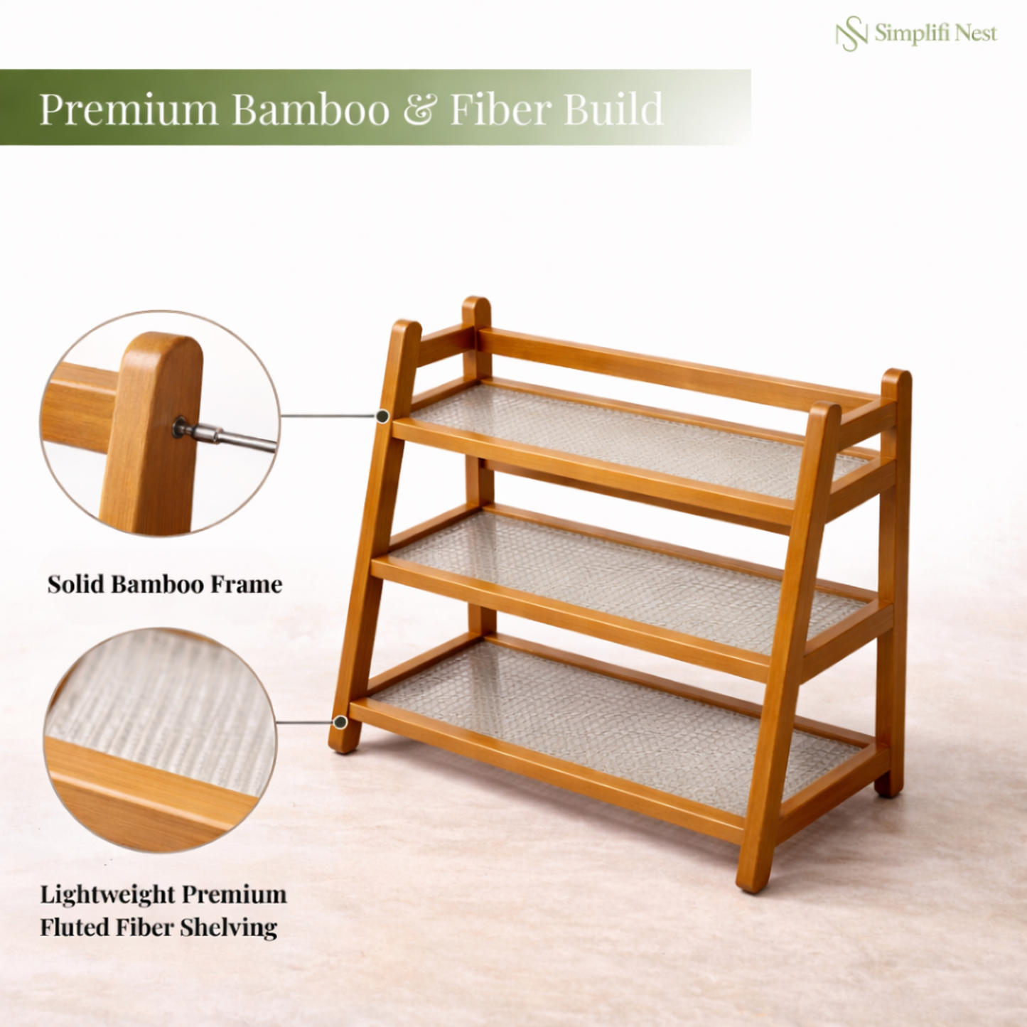 Modern Bamboo 3-Tier Countertop Organizer Rack | Fluted Fibre Glass Shelves