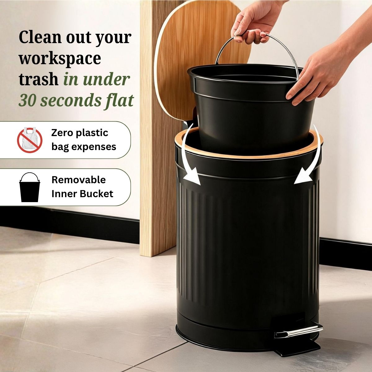 Metal Dustbin with Foot Pedal & Removable Bucket | Rust-Free Steel & Bamboo | 5L