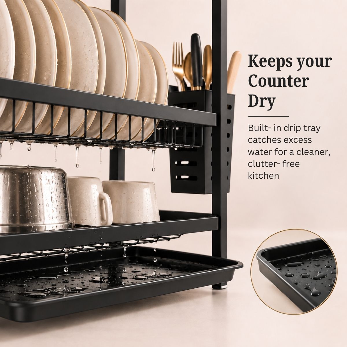 3-Tier Steel Dish Rack with Drip Tray - Black Matte | For Indian Kitchen Countertops