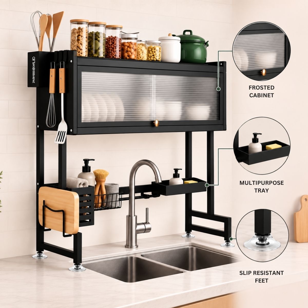 Over-Sink Dish Drying & Storage Rack with Frosted Cabinet Door | Fits Indian Sinks