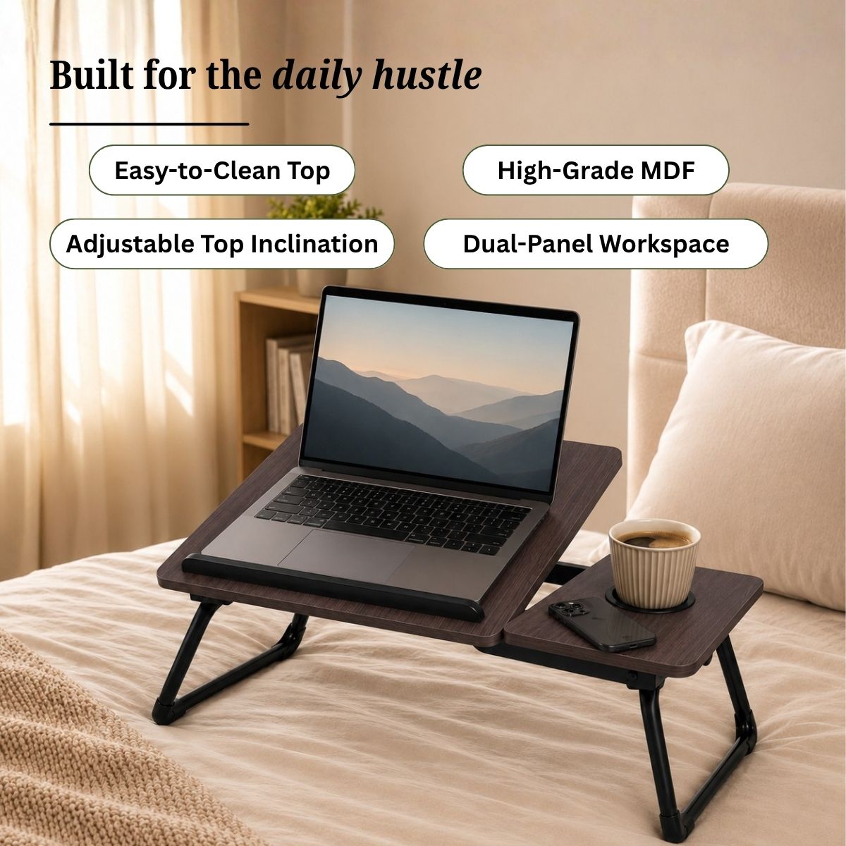 Foldable Bed Desk for Laptop & Kids Study – with Cup Holder & Tilting Tray