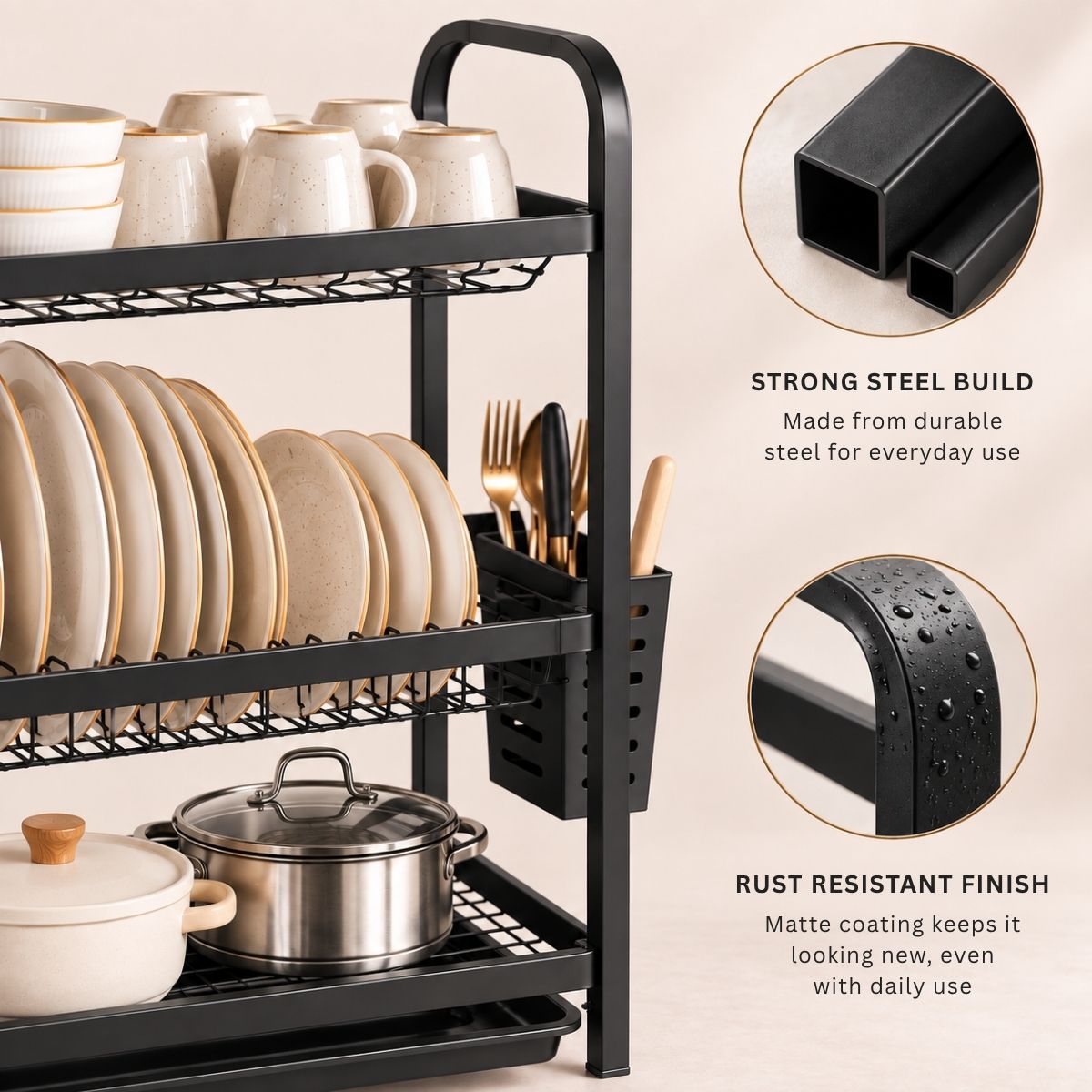 3-Tier Steel Dish Rack with Drip Tray - Black Matte | For Indian Kitchen Countertops