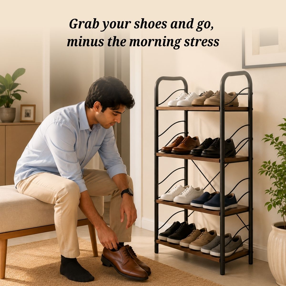 4-Tier Shoe Rack with Open Shelves | Wood & Metal Storage Organizer