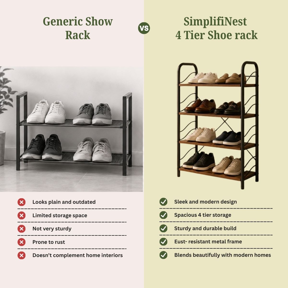 4-Tier Shoe Rack with Open Shelves | Wood & Metal Storage Organizer