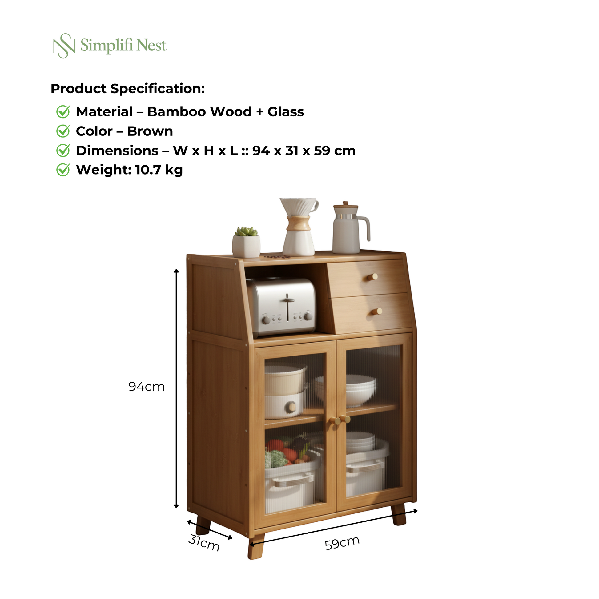 SimplifiNest Bamboo Kitchen Sideboard 94cm Height – Elegant Fluted Door Cabinet India