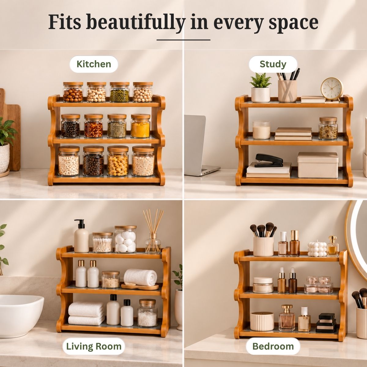 Bamboo Countertop Organiser Rack with Fibre Panels | Kitchen, Bathroom & Desk