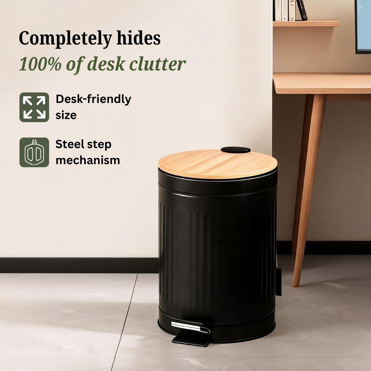 Metal Dustbin with Foot Pedal & Removable Bucket | Rust-Free Steel & Bamboo | 5L