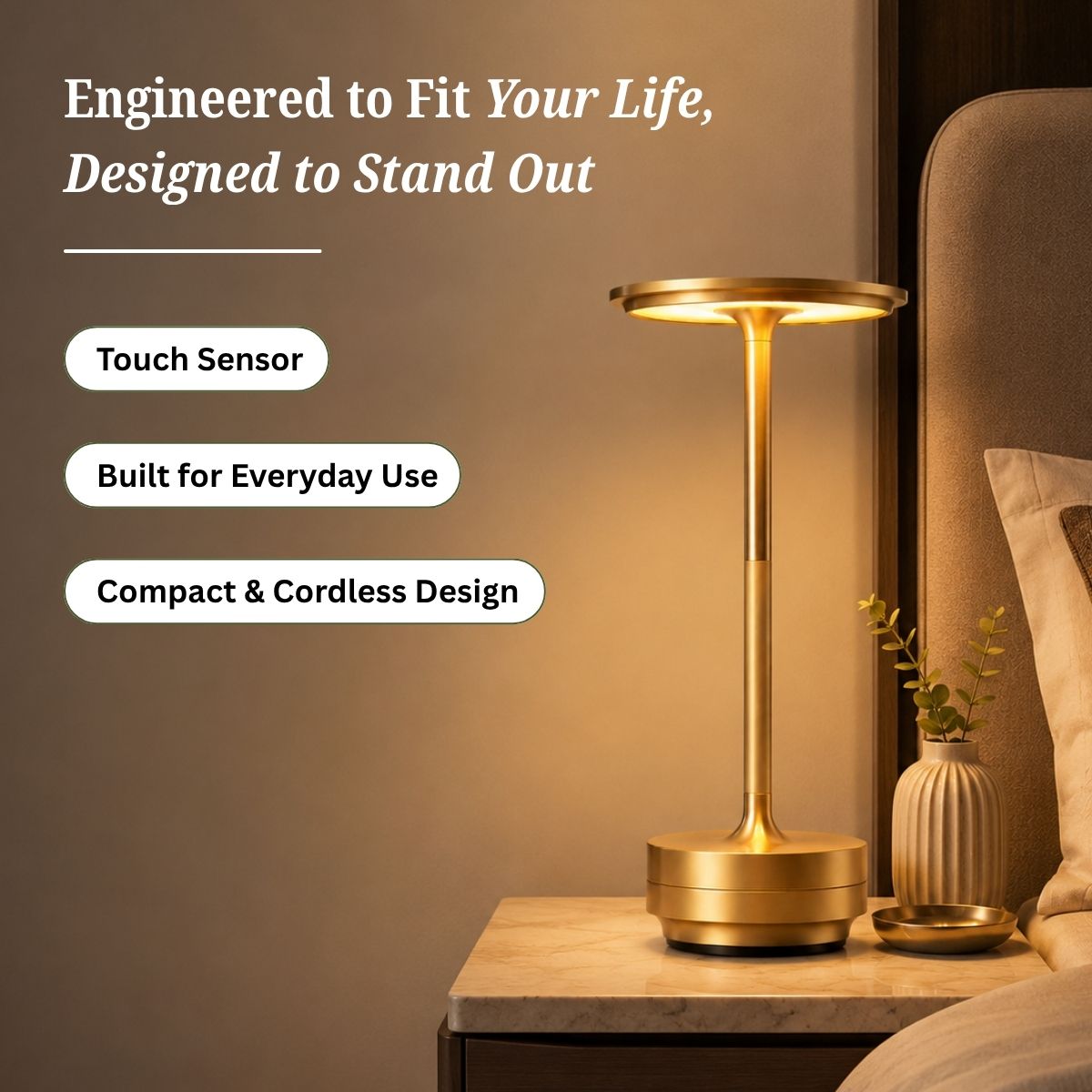 Rechargeable Cordless Metal Table Lamp | Touch Control | 3 Light Modes | Type-C | Heavy Base | 6–8 Hrs Battery