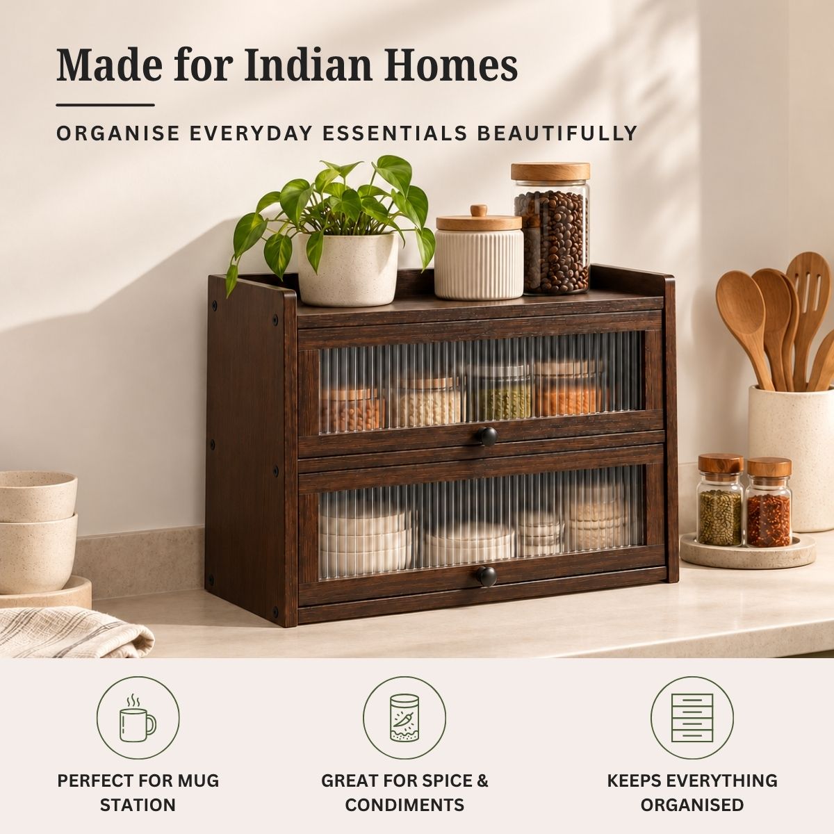 Bamboo Cabinet with Fluted Doors | Fits Under Wall Units | Spice & Cutlery Storage