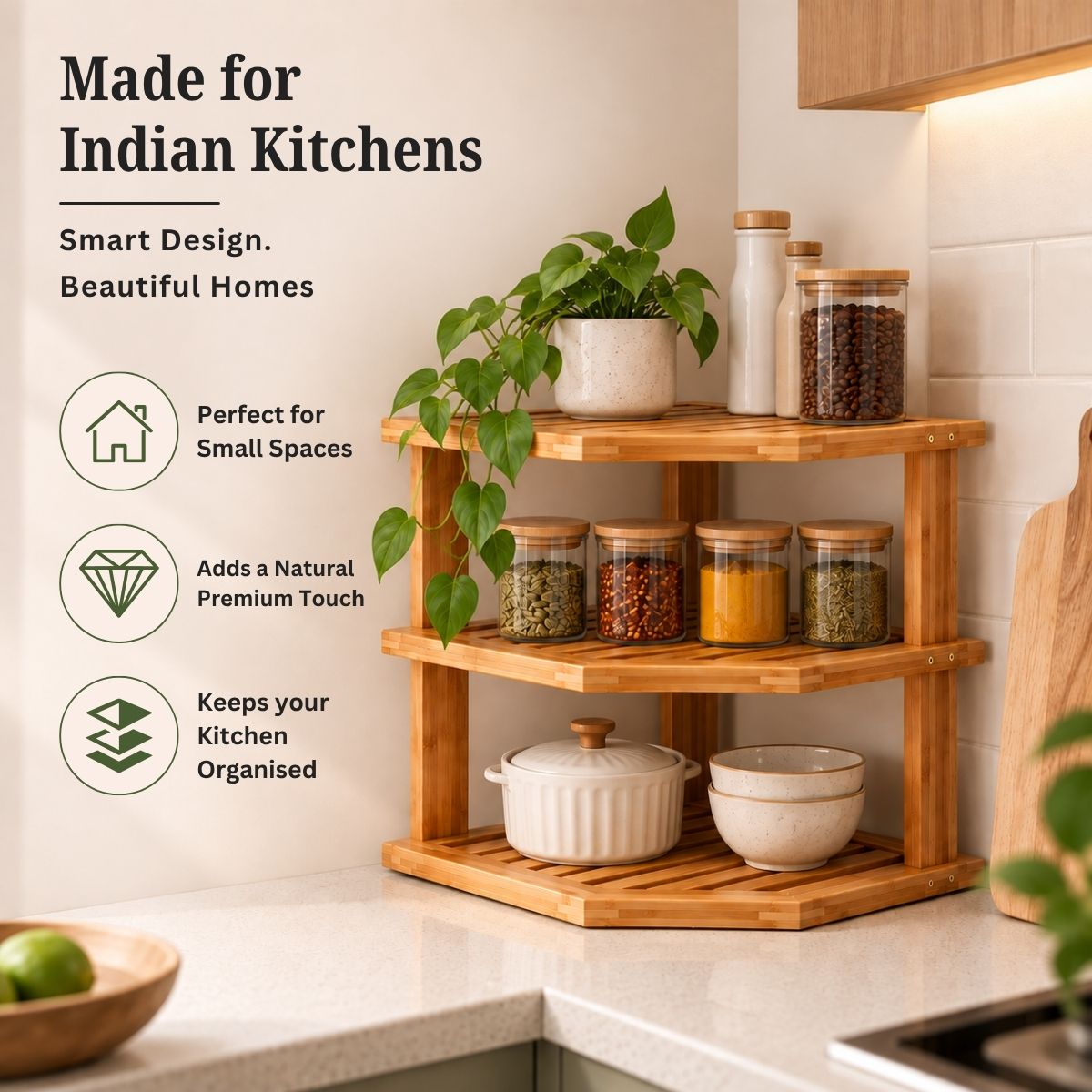 Bamboo 3-Tier Corner Rack (L-Shape) | Countertop Spice & Masala Dabba Organizer