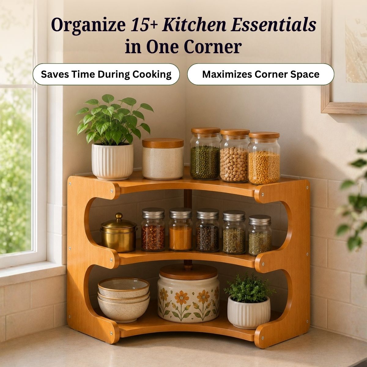 Bamboo 3-Tier & 2-Tier Corner Kitchen Rack | L-Shape Multi-Tier Organizer for Indian Kitchens