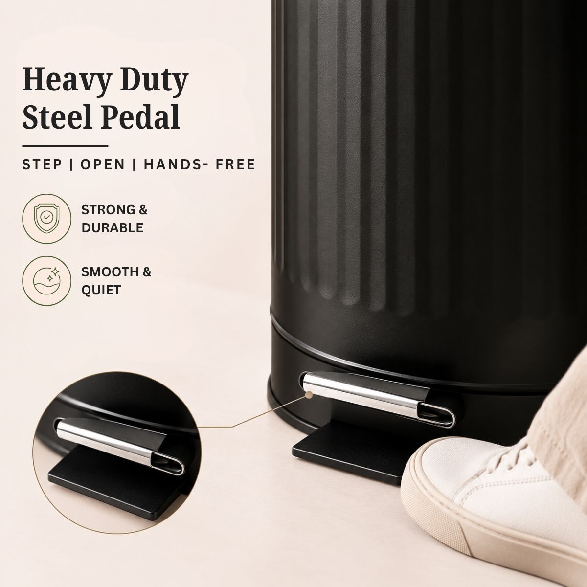 Metal Dustbin with Foot Pedal & Removable Bucket | Rust-Free Steel & Bamboo | 5L
