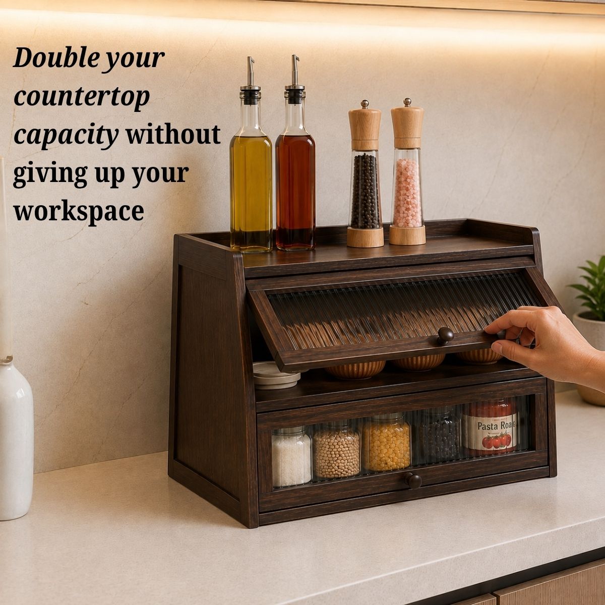 Bamboo Cabinet with Fluted Doors | Fits Under Wall Units | Spice & Cutlery Storage
