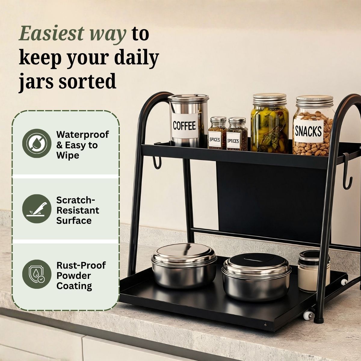 2-Tier Sliding Pull-Out Kitchen Storage Rack | Stainless Steel | Spices, Jars & Masala Organizer