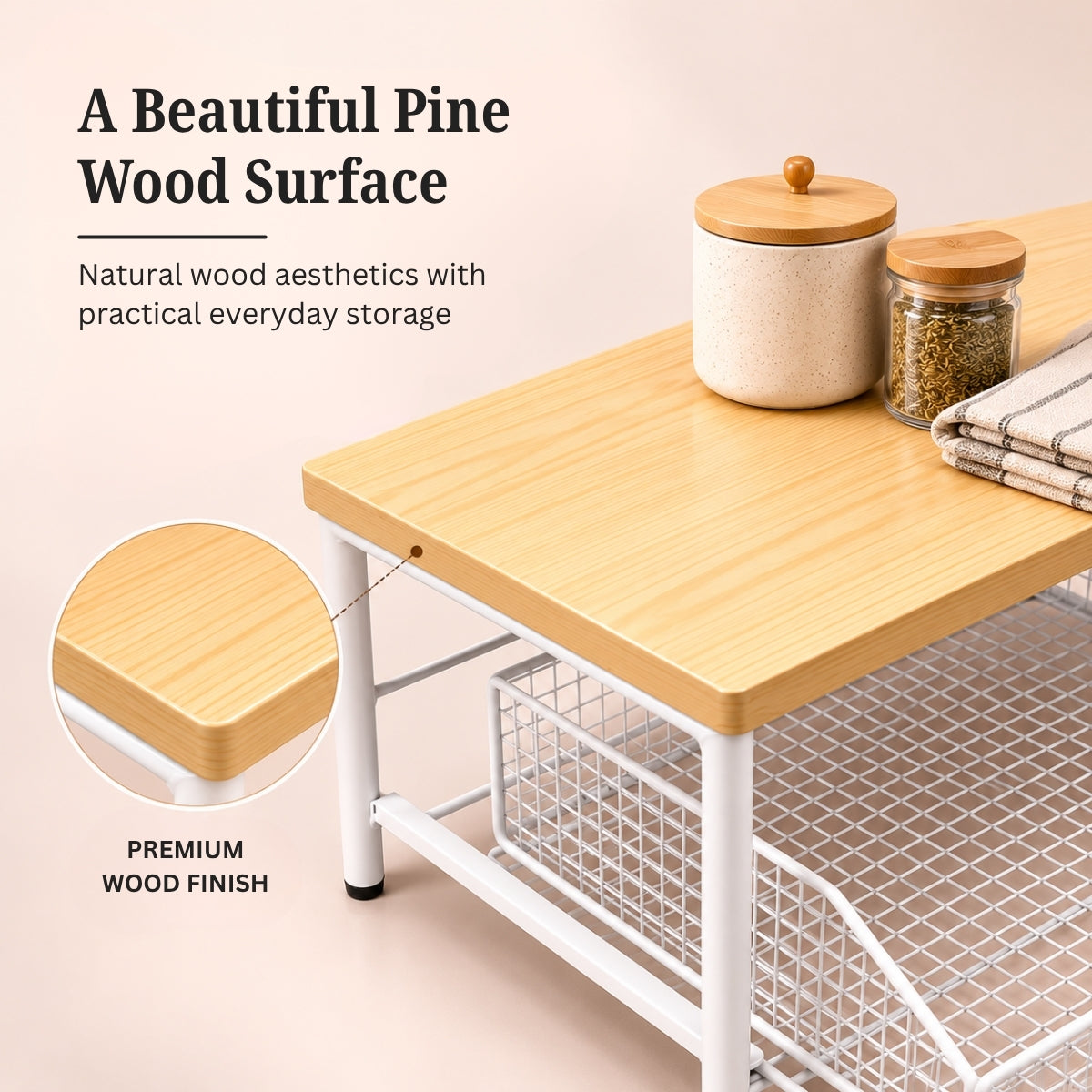 Premium Pine Wood Countertop Storage Organizer with Sliding Basket