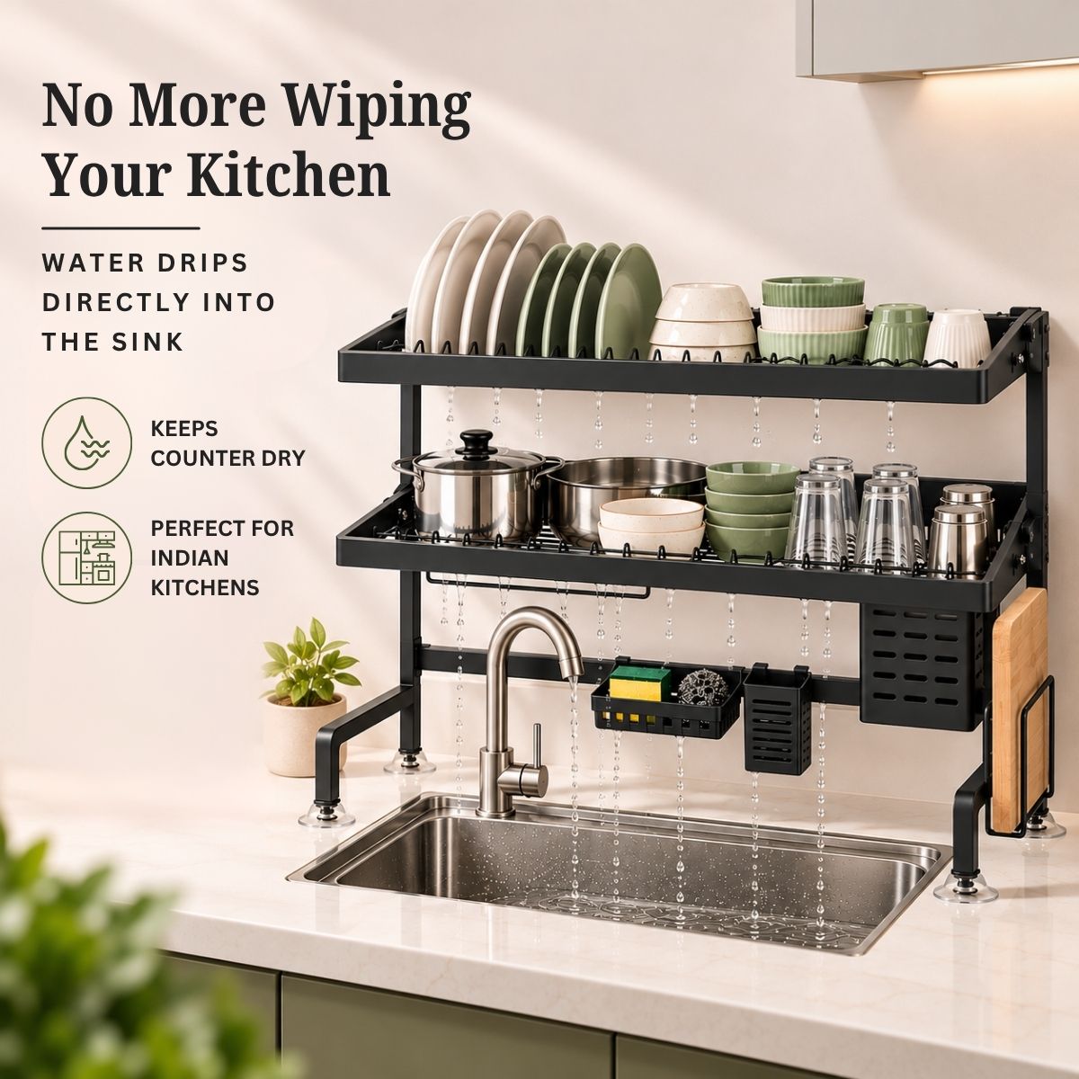 Stainless Steel Over-the-Sink Dish Rack & Bartan Stand | 65cm & 85cm | Multi-Compartment