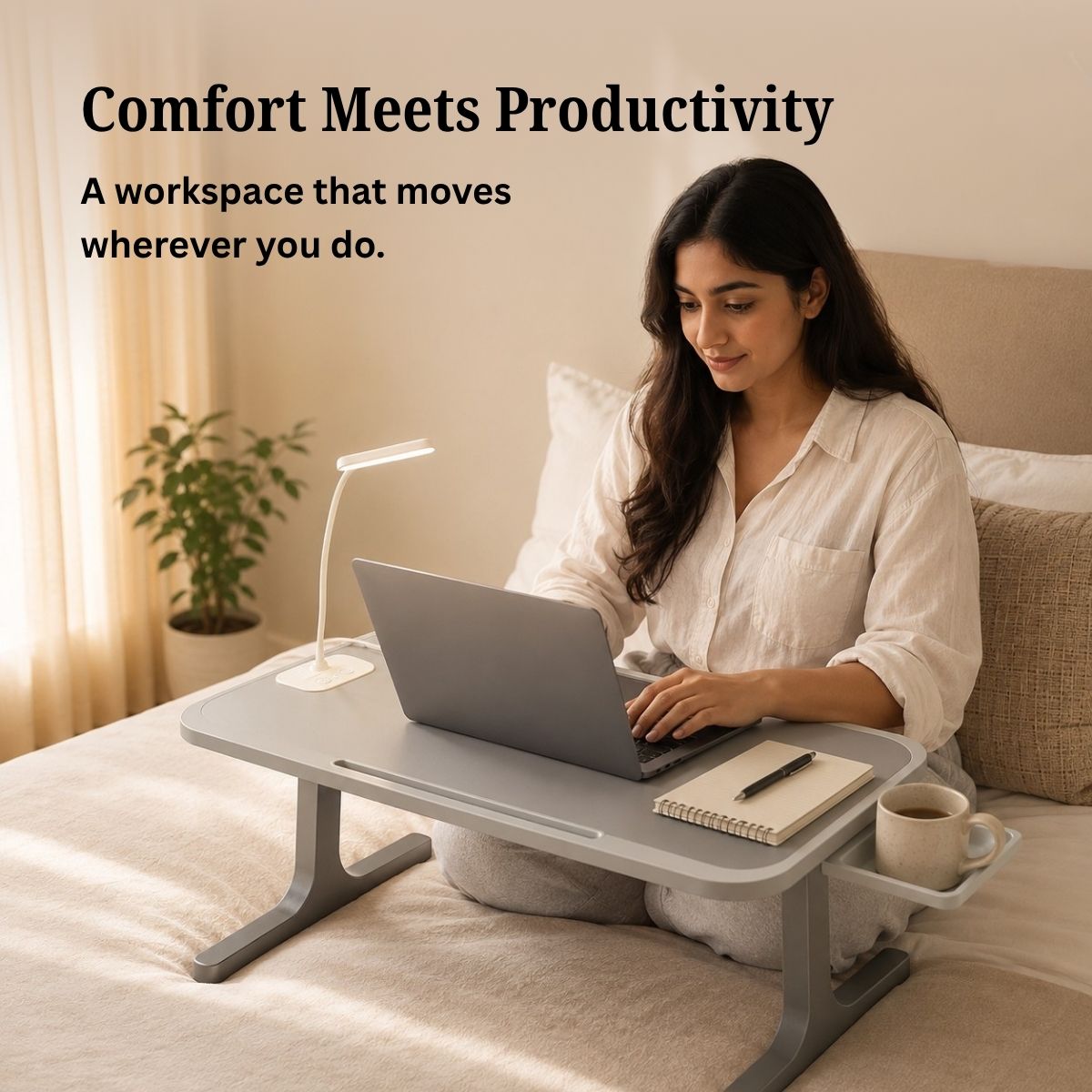 Portable Laptop Bed Station with LED Lamp & Charging