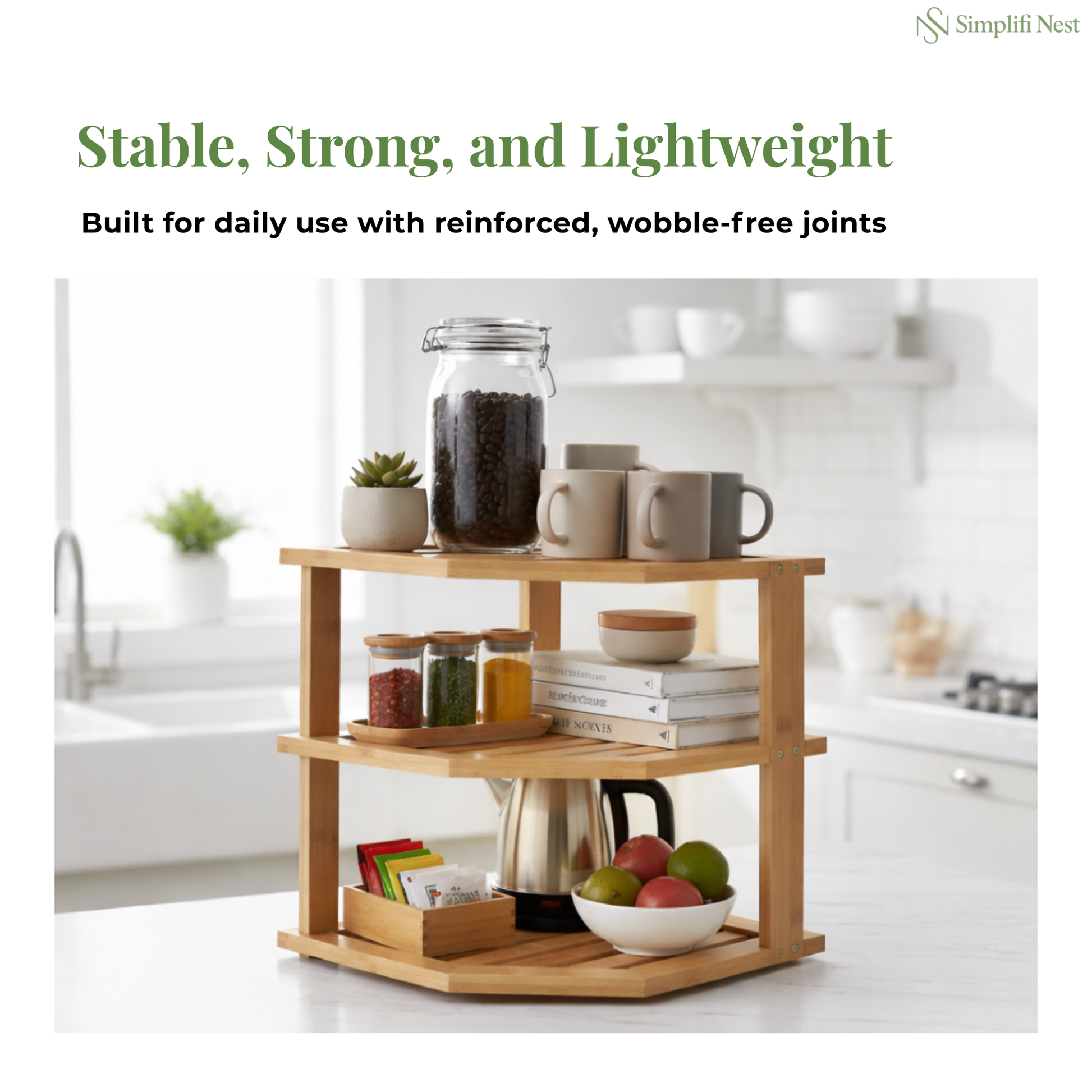 SimplifiNest Bamboo 3-Tier Corner Rack Loaded – Masala Spice Jars Oil Bottles Kitchen India