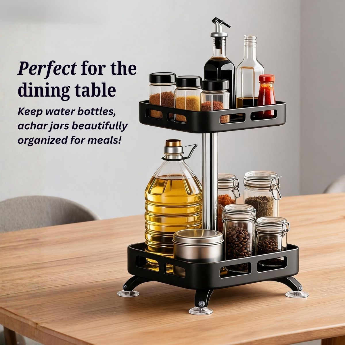 2-Tier Rectangular 360° Rotating Kitchen Rack | Stainless Steel | Spices, Jars & Masala Organizer