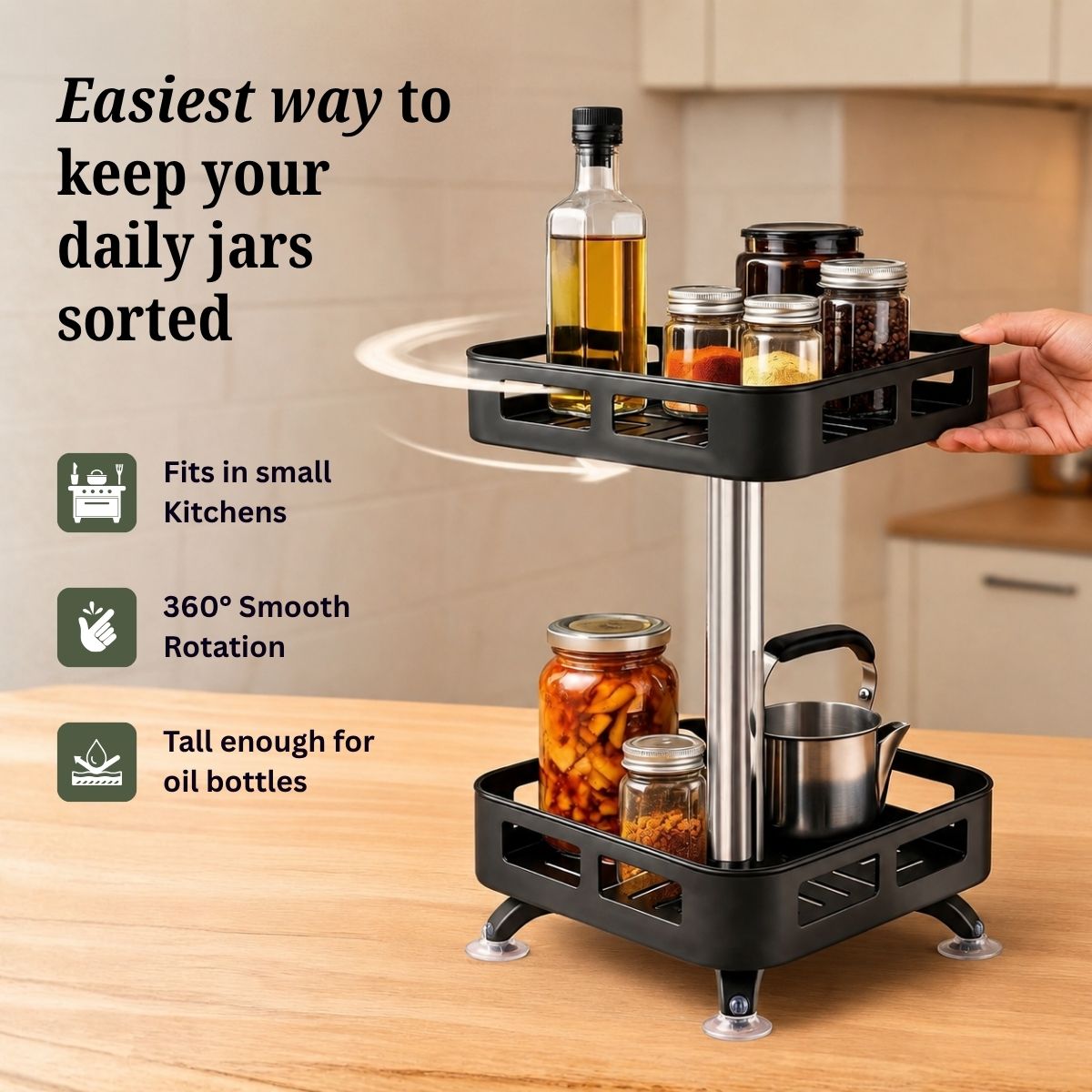 2-Tier Rectangular 360° Rotating Kitchen Rack | Stainless Steel | Spices, Jars & Masala Organizer