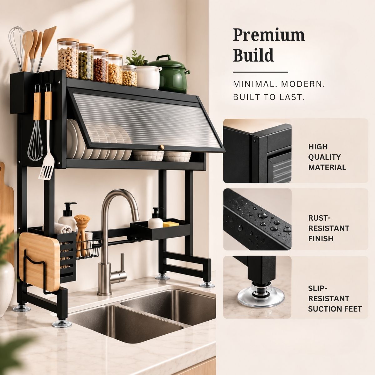 Over-Sink Dish Drying & Storage Rack with Frosted Cabinet Door | Fits Indian Sinks