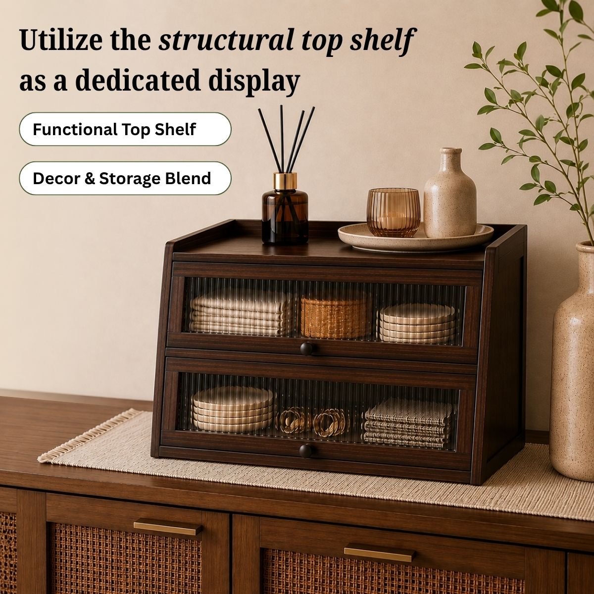 Bamboo Cabinet with Fluted Doors | Fits Under Wall Units | Spice & Cutlery Storage