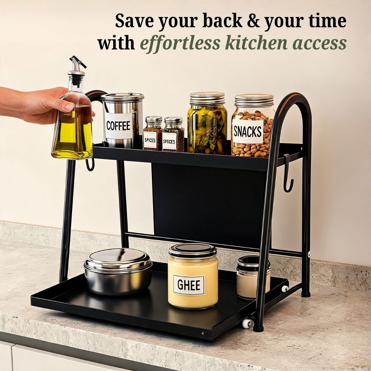2-Tier Sliding Pull-Out Kitchen Storage Rack | Stainless Steel | Spices, Jars & Masala Organizer