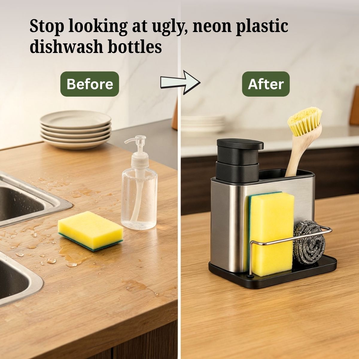 Dish Soap Dispenser with Sponge Holder & Tray