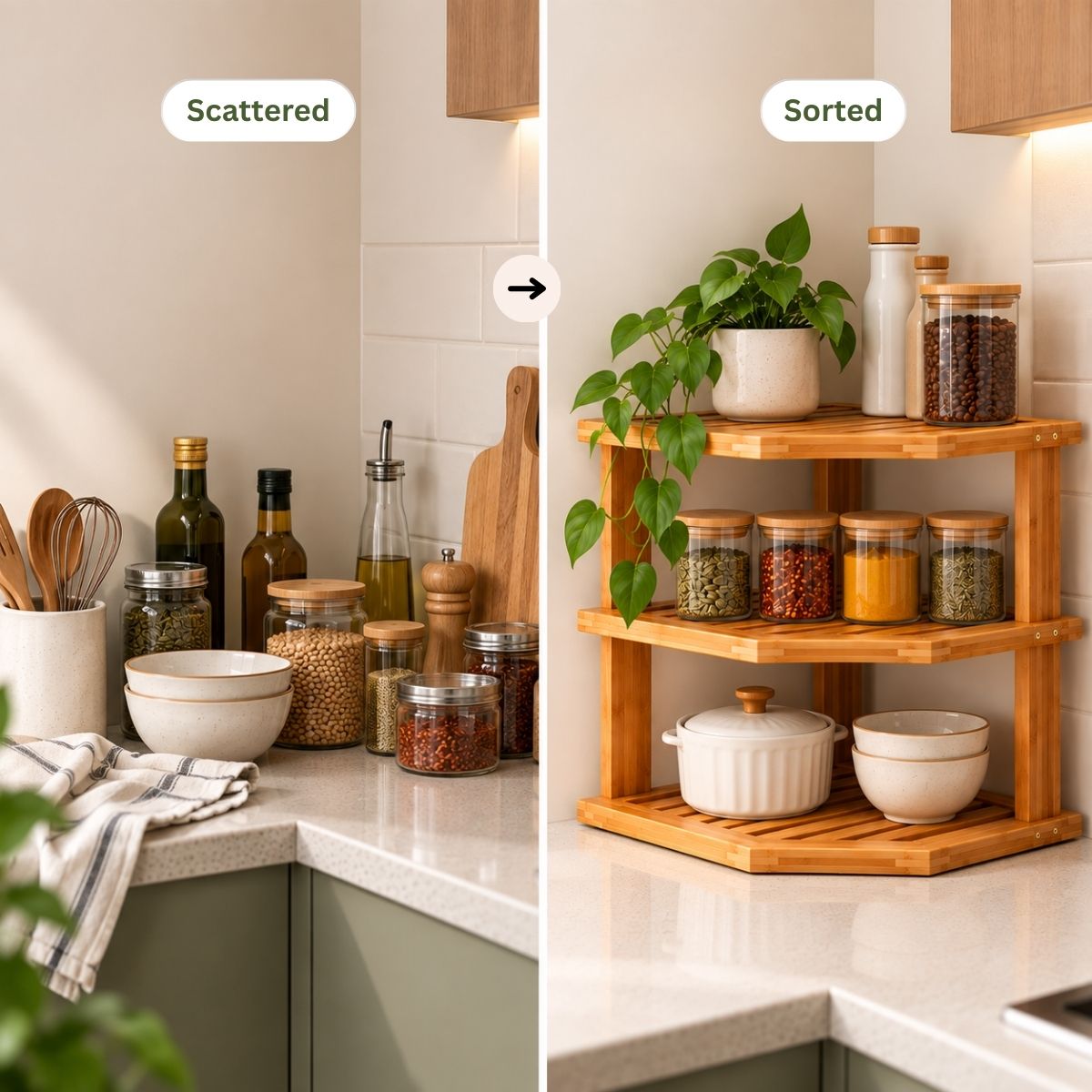 Bamboo 3-Tier Corner Rack (L-Shape) | Countertop Spice & Masala Dabba Organizer