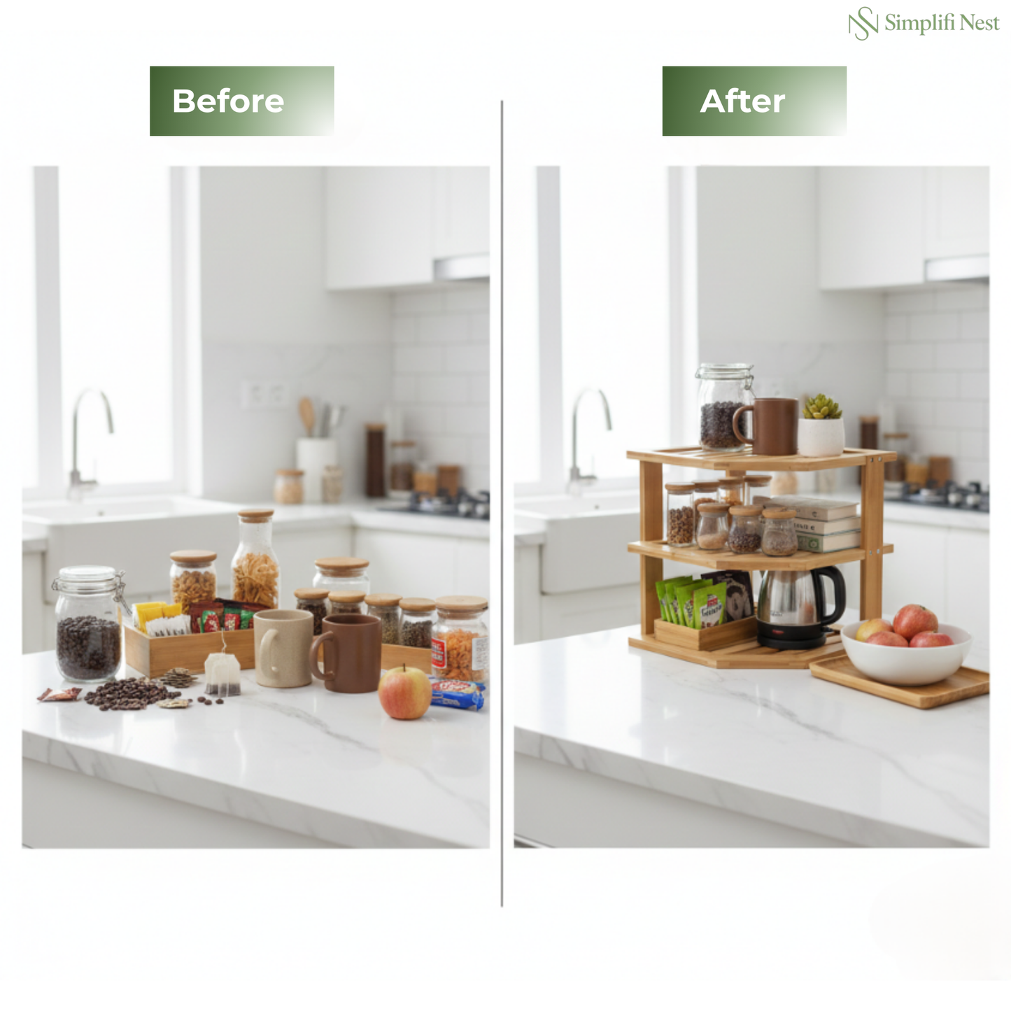 Bamboo Corner Organizer Rack Top View – Small Indian Kitchen Space Saver – SimplifiNest