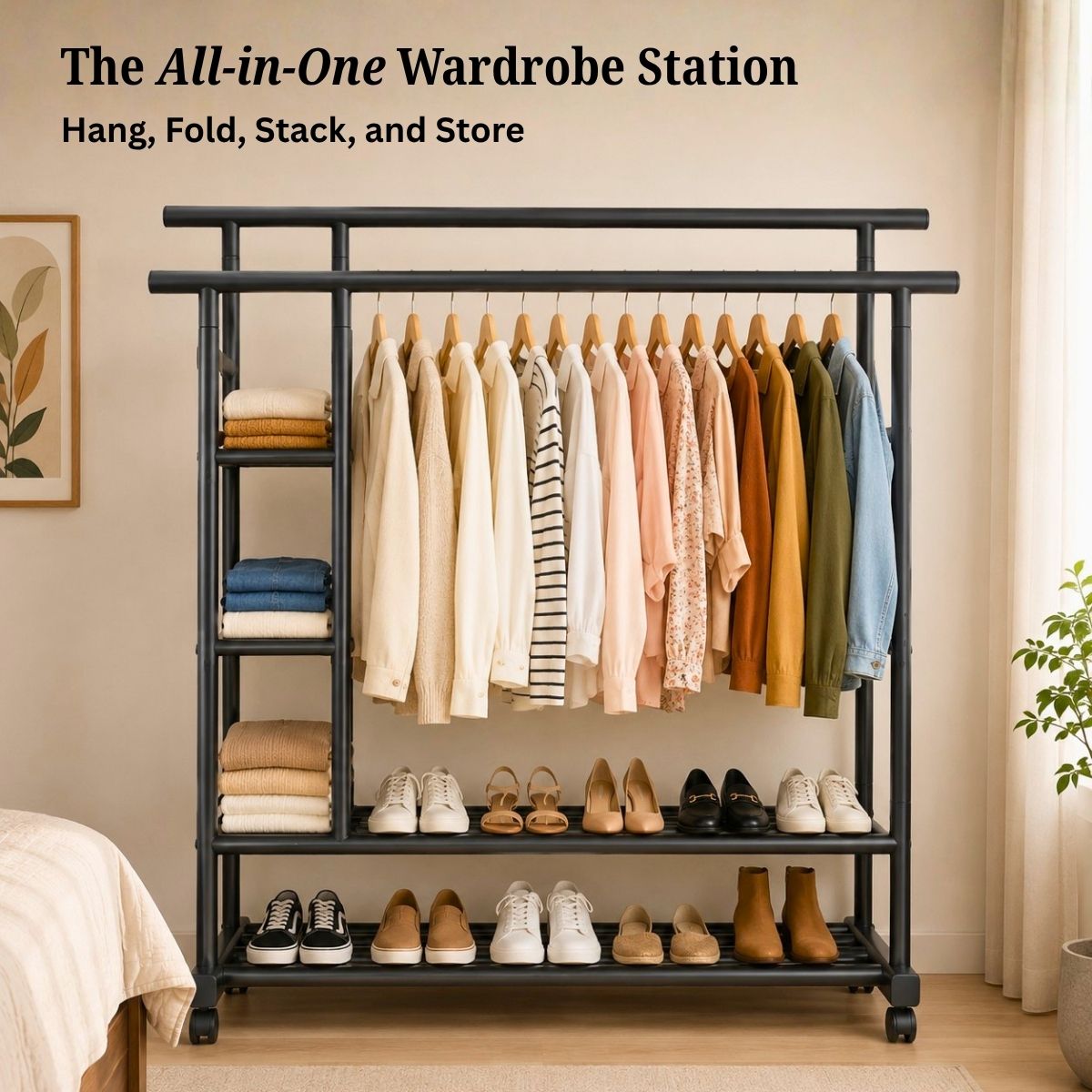 Premium Heavy Duty Double Clothing Rack with Storage Sections