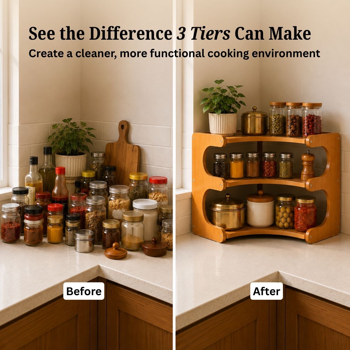 Bamboo 3-Tier & 2-Tier Corner Kitchen Rack | L-Shape Multi-Tier Organizer for Indian Kitchens