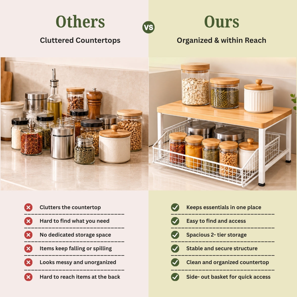 Premium Pine Wood Countertop Storage Organizer with Sliding Basket