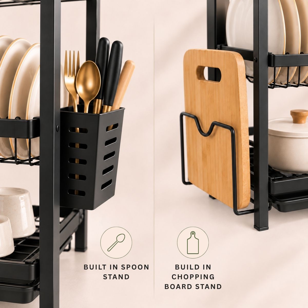 3-Tier Steel Dish Rack with Drip Tray - Black Matte | For Indian Kitchen Countertops