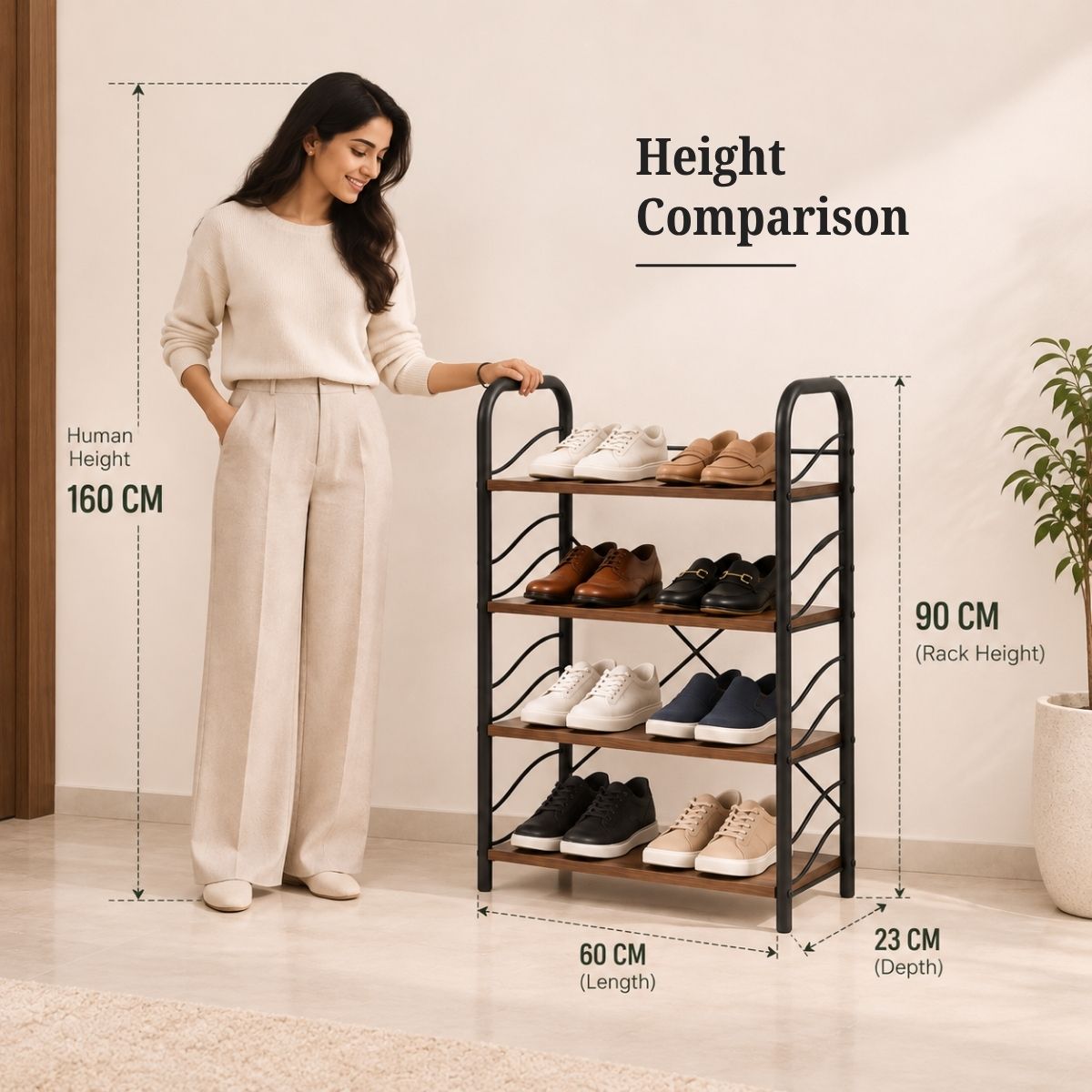 4-Tier Shoe Rack with Open Shelves | Wood & Metal Storage Organizer